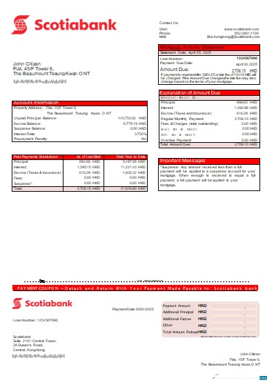 Download Hong Kong Scotiabank bank mortgage statement scr Photoshop template